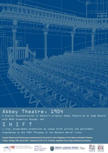 Poster for the project launch and S H I F T production at the Samuel Beckett Theatre, TCD, from 7pm on 15th April 2011