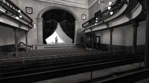 View from Pit of old Abbey Theatre, 1904. Digital model created by Hugh Denard (research) and Niall Ó hOisín/Noho (modelling), 2011.