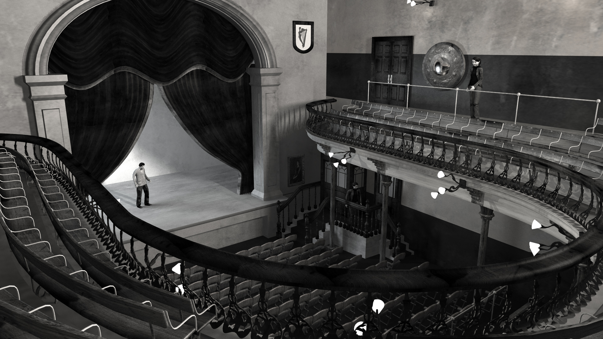 View from Balcony of Abbey Theatre, 1904. Digital model by Hugh Denard (research) and Niall Ó hOisín/Noho (modelling), 2011. 