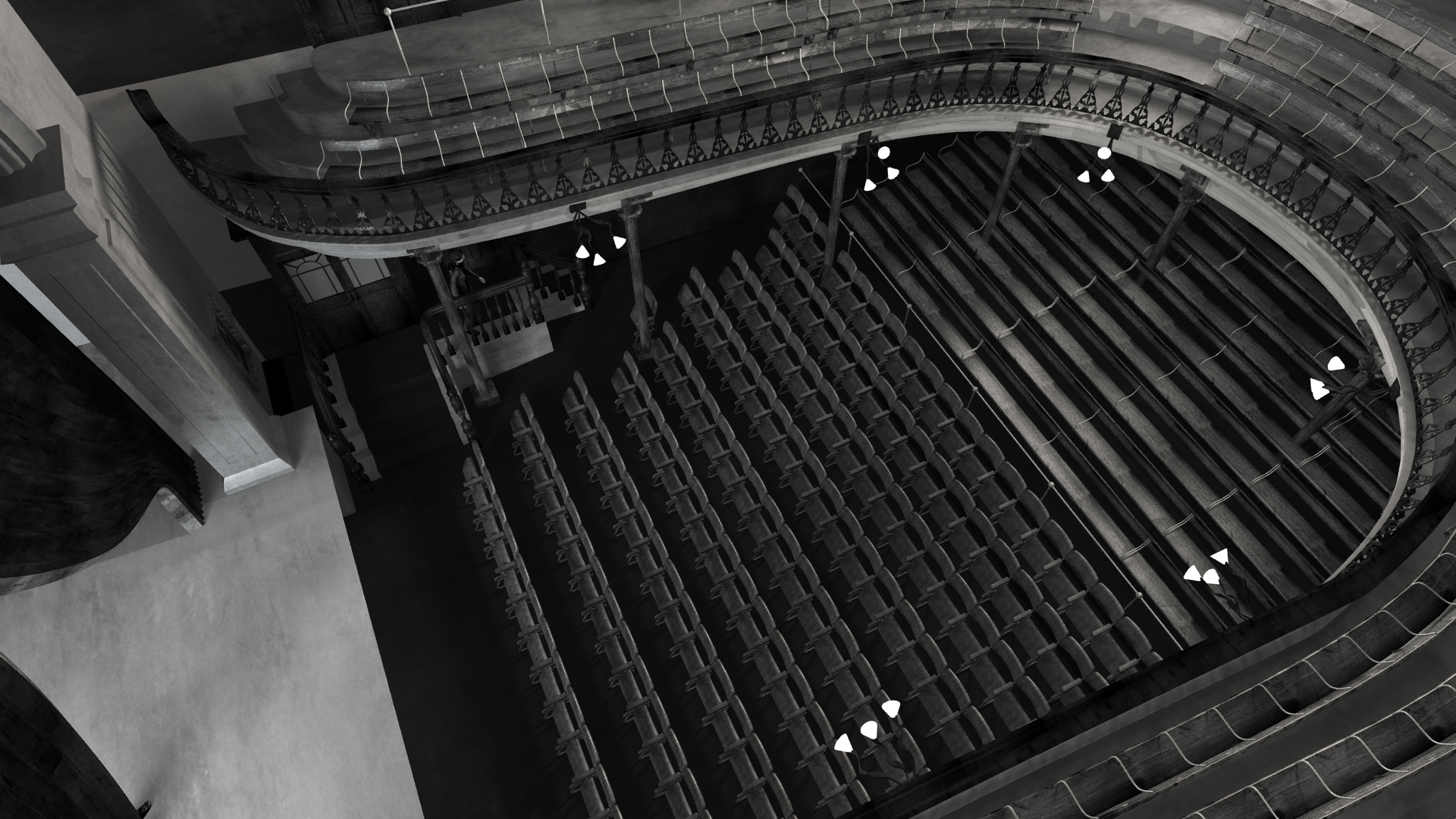 View of auditorium of Abbey Theatre, 1904. Digital model by Hugh Denard (research) and Niall Ó hOisín/Noho (modelling), 2011.