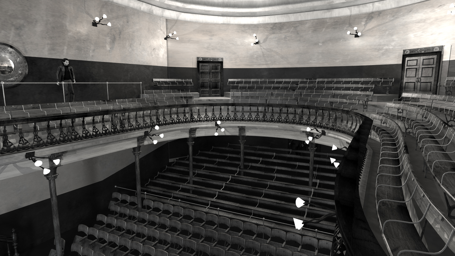 View towards Balcony of Abbey Theatre, 1904. Digital model by Hugh Denard (research) and Niall Ó hOisín/Noho (modelling), 2011.